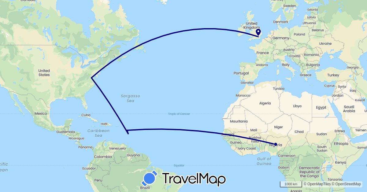 TravelMap itinerary: driving in France, United Kingdom, Nigeria, United States (Africa, Europe, North America)
